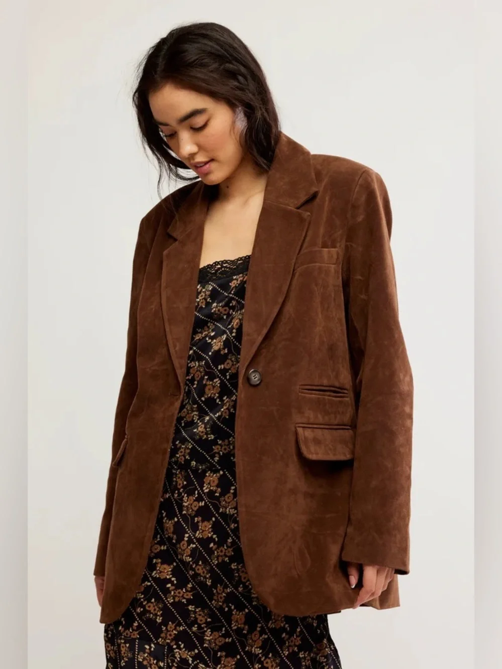 NWOT Free People Paper Cut Vegan Suede Blazer Brown Oversized Small
